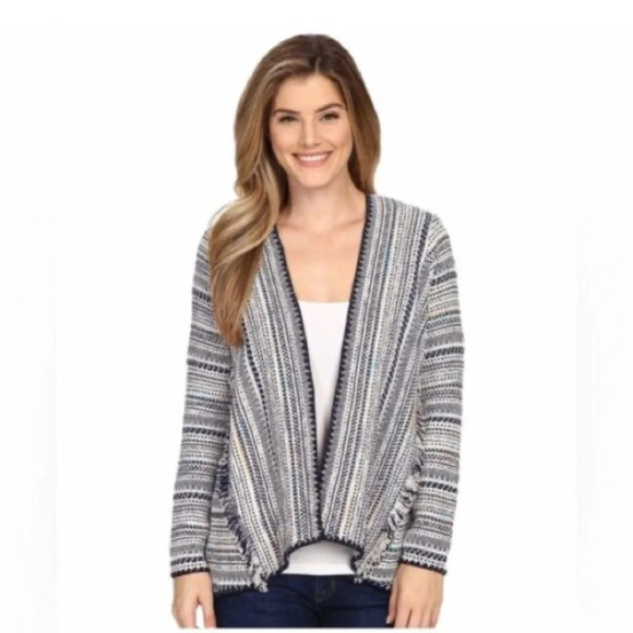 Lucky Brand Sweaters - Woven Blanket Open Front Pottery Cardigan boho large cream blue cotton relaxed